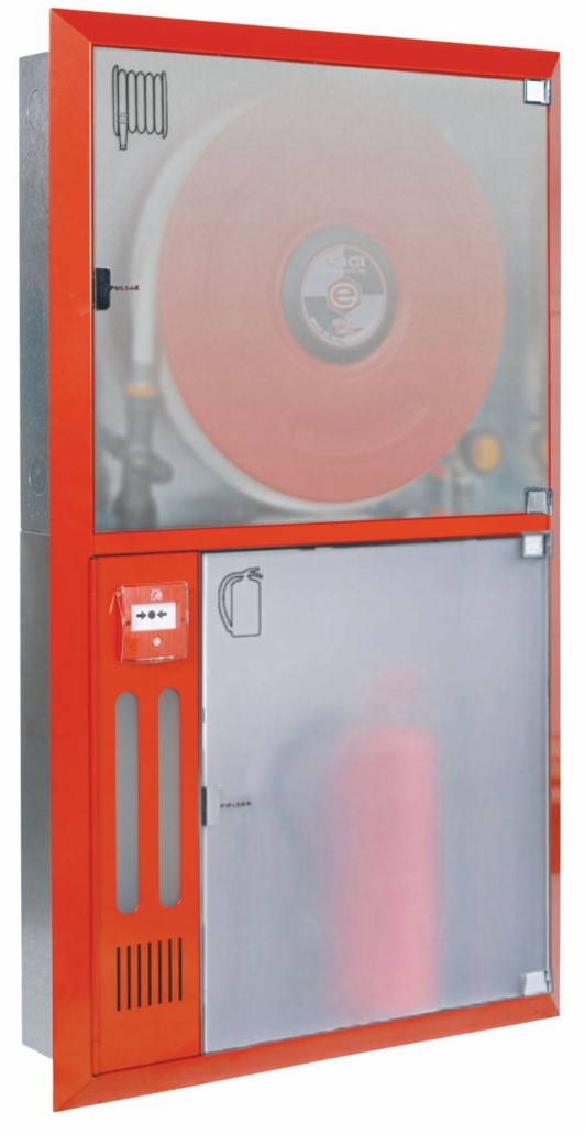 BIE 25-20 NARROW CON MODULO TECNICO Y ARMARIO EXTINTOR EMPOTRAR 1365x815mm RAL3000 PUERTA METACRILATO VERTICAL