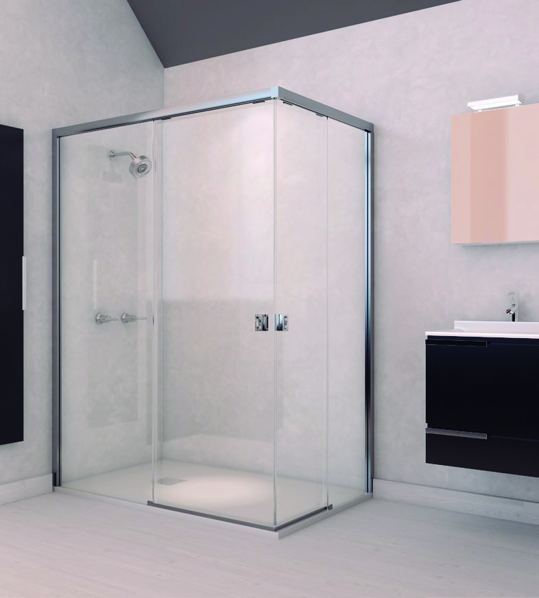 DOCCIA MAMPARA DUCHA ANGULAR (2 CORRED. + 2 FIJAS) MOD. ST AUSTIN CROMO DECORADA HASTA 180CM H=195